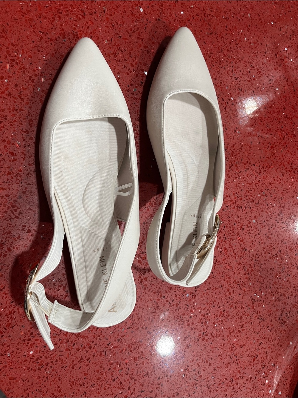 Anne Klein Off-White Pointed Toe Slingback Flats with Gold Buckle